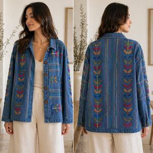 Vintage Embroidered Denim Jacket 2X Boho Folk Artisan Wooden Button Coat